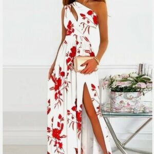 SHEIN White and Red One-Shoulder Dress